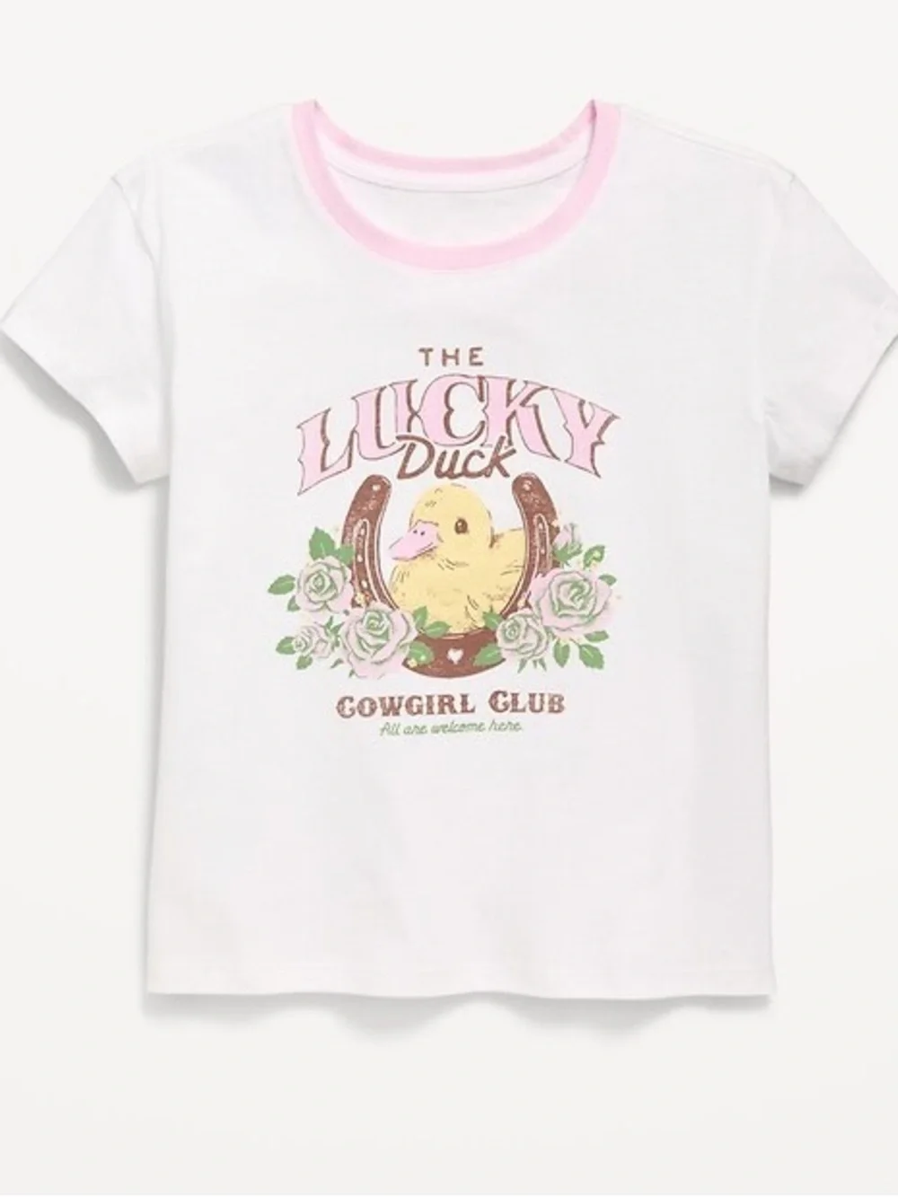 Old Navy XL The Lucky Duck cowgirl White Pink Trim Graphic Tee roses 🧲